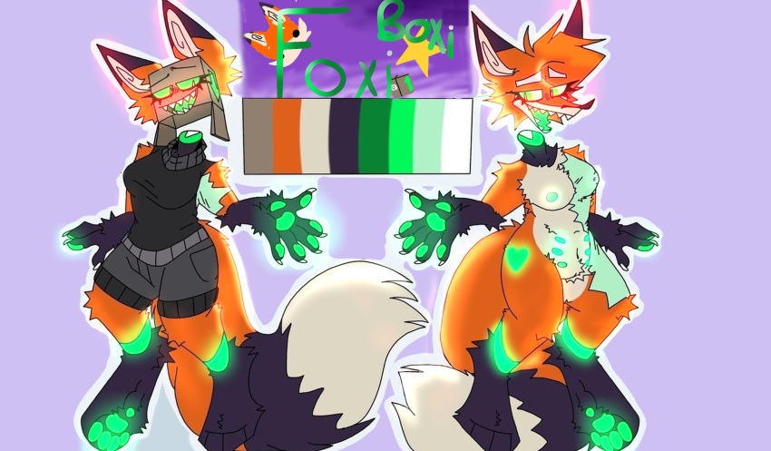 amber_(foxi_boxi) anthro belly big_tail black_body black_clothing black_fur black_tail blush boximorph breasts brown_body brown_fur canid canine claws clothed clothing collar eyelashes female floating_head fox foxi_boxi fur glowing glowing_nipples glowing_paws green_body green_fur green_sclera grey_clothing hair heart_(marking) hi_res mammal markings model_sheet multi_nipple multicolored_body multicolored_fur multicolored_tail nipples nude orange_body orange_fur orange_hair orange_tail pawpads paws smile solo suggestive_look tail_markings tongue tongue_out white_body white_fur white_tail