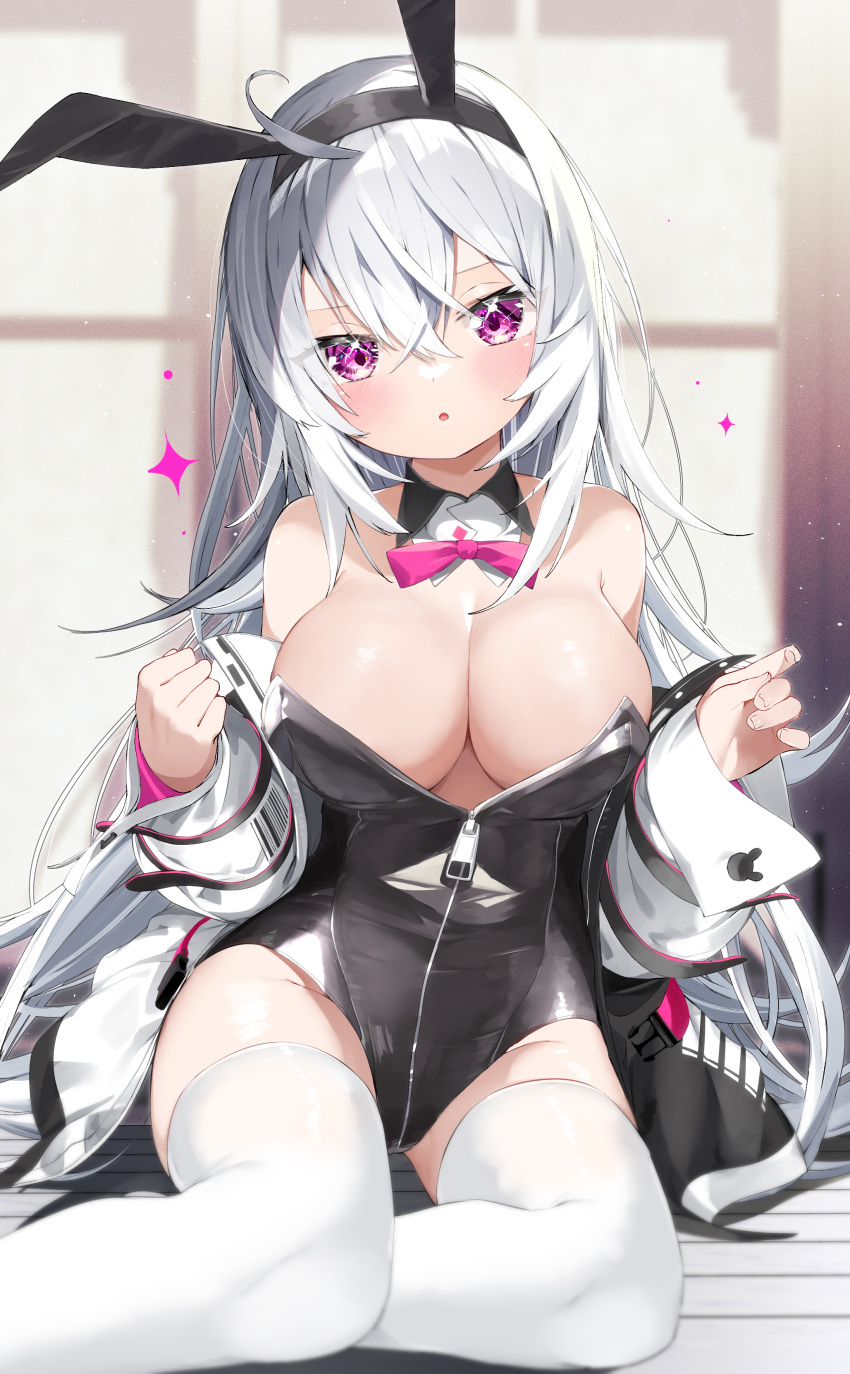 1girl :o absurdres animal_ears bangs bare_shoulders black_hairband black_jacket black_leotard blurry blurry_background bow bowtie breasts cleavage depth_of_field fake_animal_ears feet_out_of_frame hair_between_eyes hairband head_tilt highres jacket kamioka_shun'ya large_breasts leotard long_hair long_sleeves looking_at_viewer off_shoulder open_clothes open_jacket original parted_lips pink_bow pink_bowtie purple_eyes rabbit_ears shiori_(kamioka_shun'ya) sitting sleeves_past_wrists solo thighhighs very_long_hair wariza white_hair white_thighhighs zipper_pull_tab