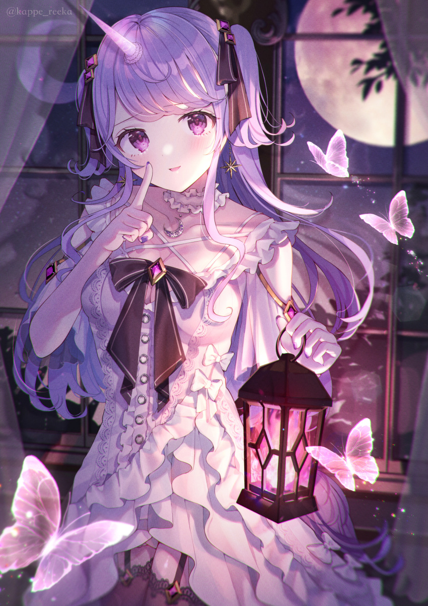 1girl bangs bare_shoulders black_bow black_thighhighs bloomers bow bowtie choker collarbone dengeki_moeou dress garter_belt gem highres holding_lamp kappe_reeka long_hair moon night night_sky official_art open_mouth original purple_hair purple_nails sidelocks sky sleeveless sleeveless_dress smile standing swept_bangs thighhighs underwear unicorn white_bloomers white_choker white_dress window