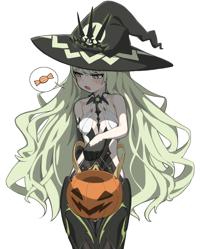 1girl absurdres bare_shoulders black_gloves blush breasts bucket candy cowboy_shot food gloves goseumgoseumdochi green_eyes green_hair halloween halloween_bucket hat highres holding holding_bucket honkai_(series) honkai_impact_3rd long_hair mobius_(honkai_impact) open_mouth pumpkin simple_background slit_pupils small_breasts solo speech_bubble spoken_food very_long_hair white_background witch_hat