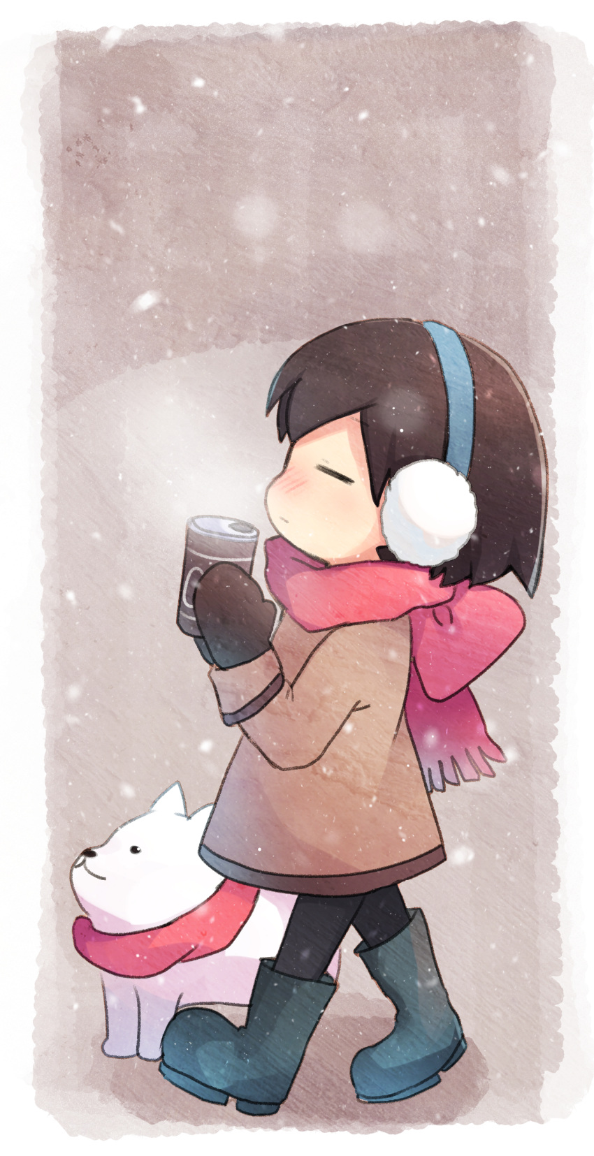 1girl absurdres bangs black_footwear black_pants boots border brown_gloves brown_hair brown_jacket chibi closed_eyes cup frisk_(undertale) from_side gloves highres holding holding_cup jacket outdoors pants red_scarf scarf smoke snowing undertale walking white_border white_dog xox_xxxxxx