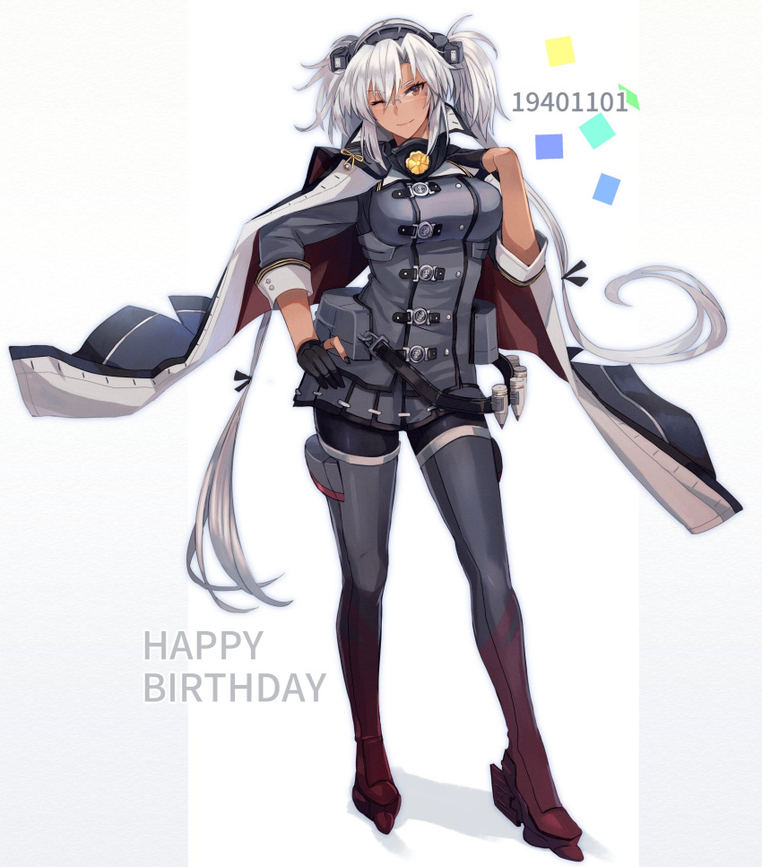 1girl black_gloves boots breasts buttons confetti dark-skinned_female dark_skin double-breasted full_body glasses gloves grey_footwear grey_hair hand_on_hip happy_birthday headgear highres kantai_collection kasumi_(skchkko) large_breasts long_hair long_sleeves looking_at_viewer musashi_(kancolle) one_eye_closed partially_fingerless_gloves red_eyes rigging rimless_eyewear simple_background solo thigh_boots very_long_hair white_background