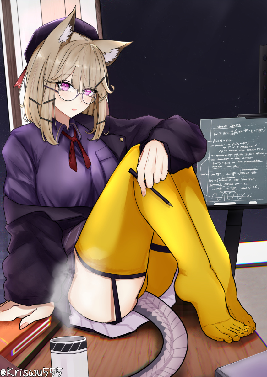 1girl animal_ear_fluff animal_ears arknights bangs beret blush book breasts desk full_body garter_straps glasses hair_ornament hairpin hand_on_table hat highres holding holding_pencil jacket jacket_pull light_brown_hair lizard_tail long_hair long_sleeves looking_at_viewer medium_breasts neck_ribbon no_shoes open_clothes open_jacket open_mouth parted_lips pencil purple_eyes purple_jacket purple_shirt purple_skirt red_ribbon ribbon shirt sitting sitting_on_table skirt solo tail thighhighs thighs twitter_username utage_(arknights) utage_(disguise)_(arknights) window wuwuwu_(kriswu555) yellow_thighhighs