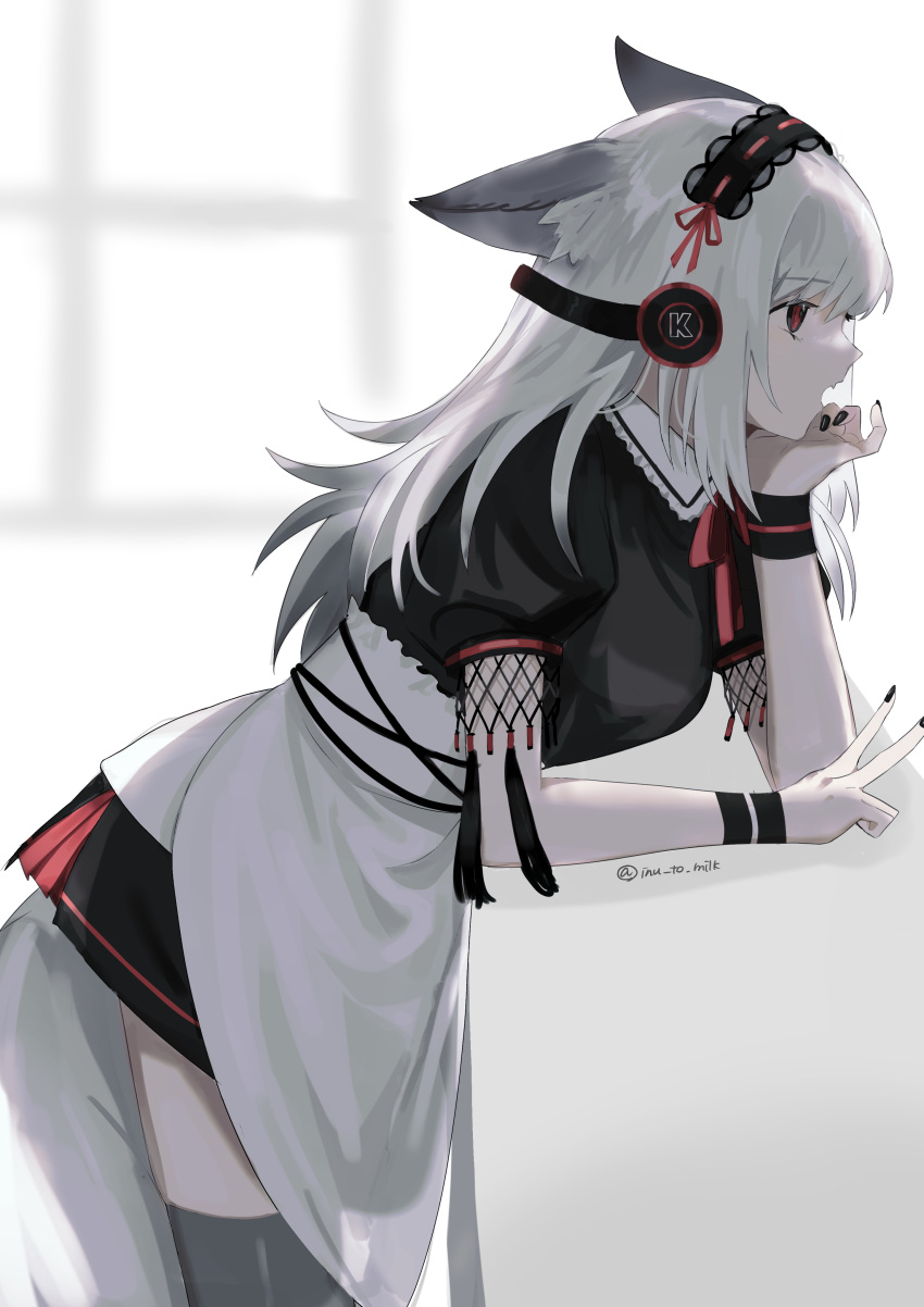 1girl absurdres alternate_costume animal_ears apron arknights black_hairband black_nails black_shirt black_skirt breasts cowboy_shot enmaided fang fox_ears fox_girl fox_tail from_side frostleaf_(arknights) grey_hair hairband head_rest headphones highres implied_extra_ears inu_to_milk leaning_forward long_hair maid maid_apron open_mouth profile red_eyes red_ribbon ribbon shirt short_sleeves skirt small_breasts solo tail twitter_username v white_apron window