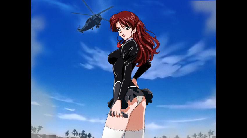 absurdres agent_aika aika_(series) aircraft ass black_delmo breasts brown_eyes brown_hair covered_nipples delmogeny_uniform hand_on_hip helicopter highres large_breasts long_hair looking_at_viewer microskirt naomi_(agent_aika) neckerchief open_mouth outdoors panties shiny shiny_hair skirt sky thighhighs tree turnip007 underwear uniform white_panties white_thighhighs