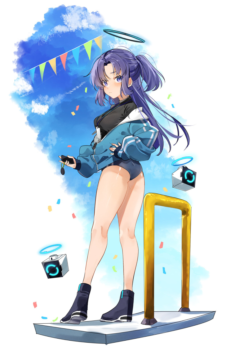 1girl 2022 absurdres blue_archive blue_buruma blue_eyes blue_hair blue_sky buruma cellphone closed_mouth cloud cloudy_sky deitaku full_body halo hand_on_hip highres holding holding_phone jacket long_sleeves looking_at_viewer open_clothes open_jacket outdoors phone shoes short_twintails sky sleeves_past_wrists smartphone solo standing track_jacket twintails yuuka_(blue_archive) yuuka_(gym_uniform)_(blue_archive)