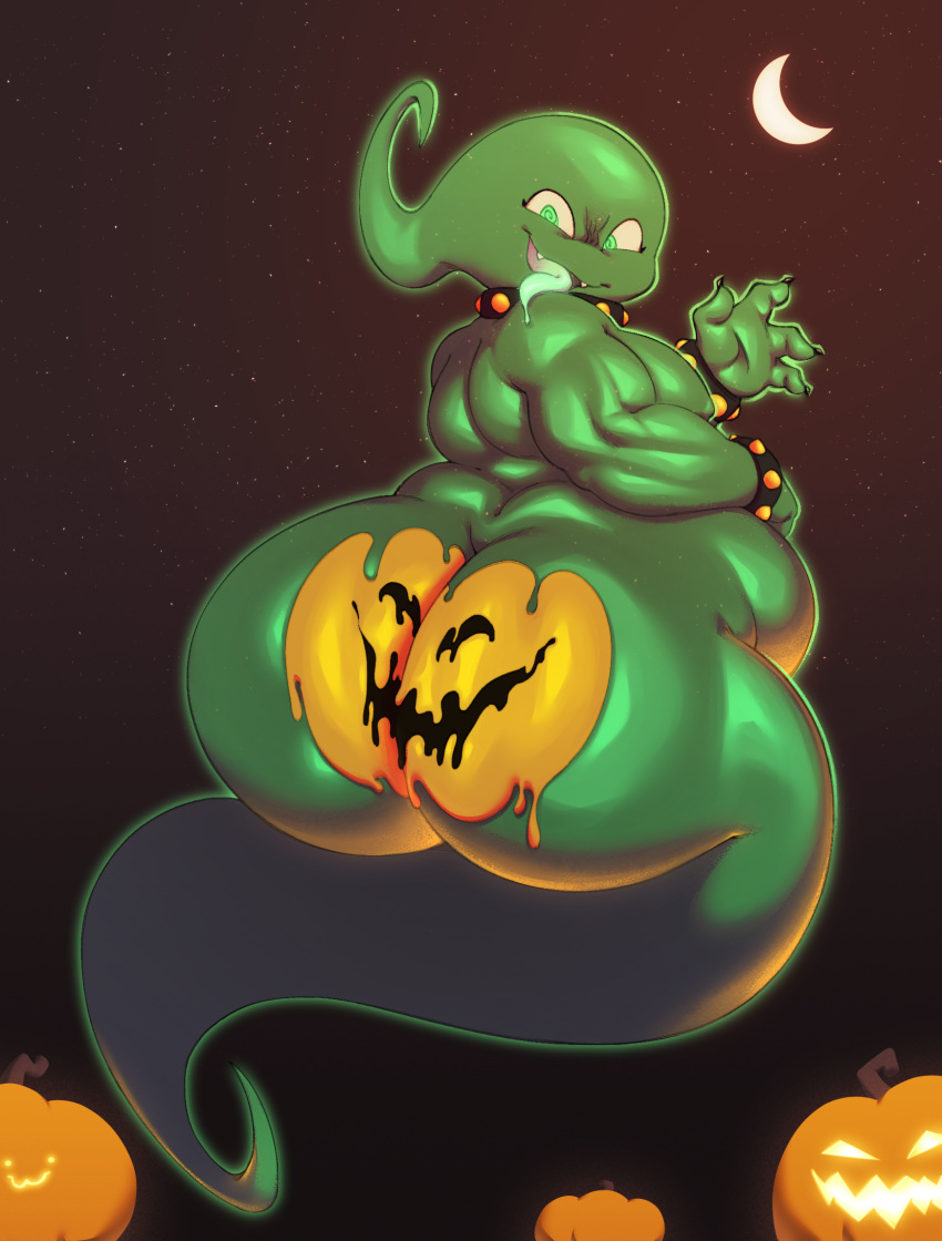 armband belly big_butt bodypaint butt collar food fruit gesture ghost glowing glowing_body glowing_eyes green_body green_eyes gu_(character) halloween hi_res holidays huge_butt jack-o'-lantern looking_at_viewer male moon nude open_mouth overweight painted_butt plant pumpkin simple_background smile solo spiked_armband spiked_collar spikes spirit thick_thighs tongue tongue_out trashdrawy waving