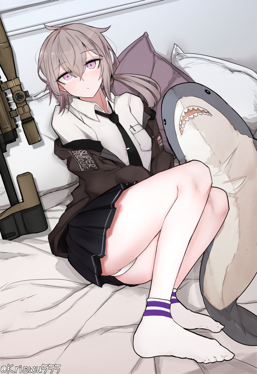 1girl american_flag bangs bipod black_necktie black_skirt blush bolt_action breast_pocket brown_jacket cheytac_m200 closed_mouth collared_shirt feet full_body girls'_frontline grey_hair gun highres jacket jacket_pull legs long_hair long_sleeves looking_at_viewer lying m200_(girls'_frontline) miniskirt necktie no_shoes off_shoulder on_side open_clothes open_jacket panties pantyshot pleated_skirt pocket purple_eyes rifle shirt skirt sniper_rifle sniper_scope socks solo stuffed_animal stuffed_shark stuffed_toy toes twitter_username underwear weapon white_panties white_shirt white_socks wing_collar wuwuwu_(kriswu555)