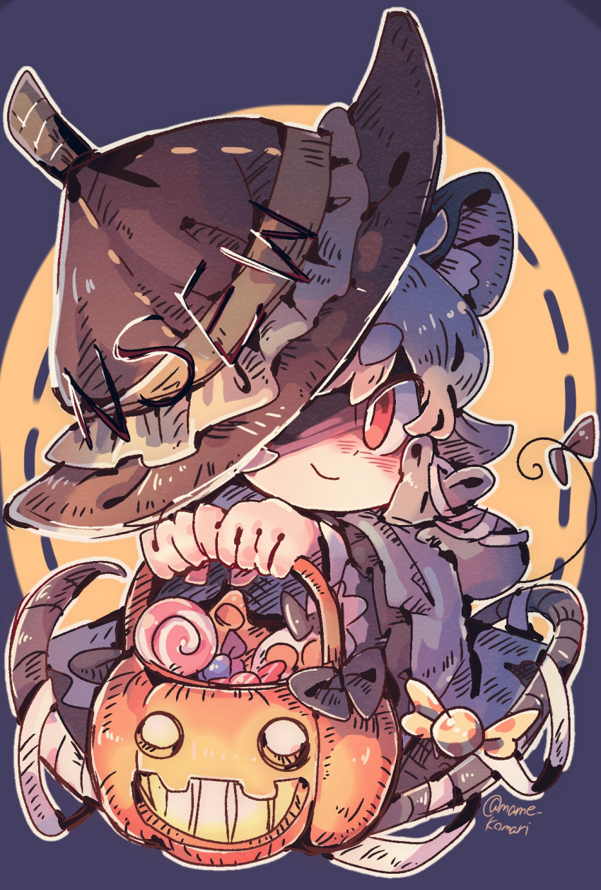 1girl animal_ears basket black_headwear candy closed_mouth food full_body grey_hair halloween halloween_costume highres holding holding_basket jack-o'-lantern looking_at_viewer mame_komari mouse_ears mouse_girl mouse_tail nazrin red_eyes short_eyebrows short_hair smile solo tail touhou twitter_username