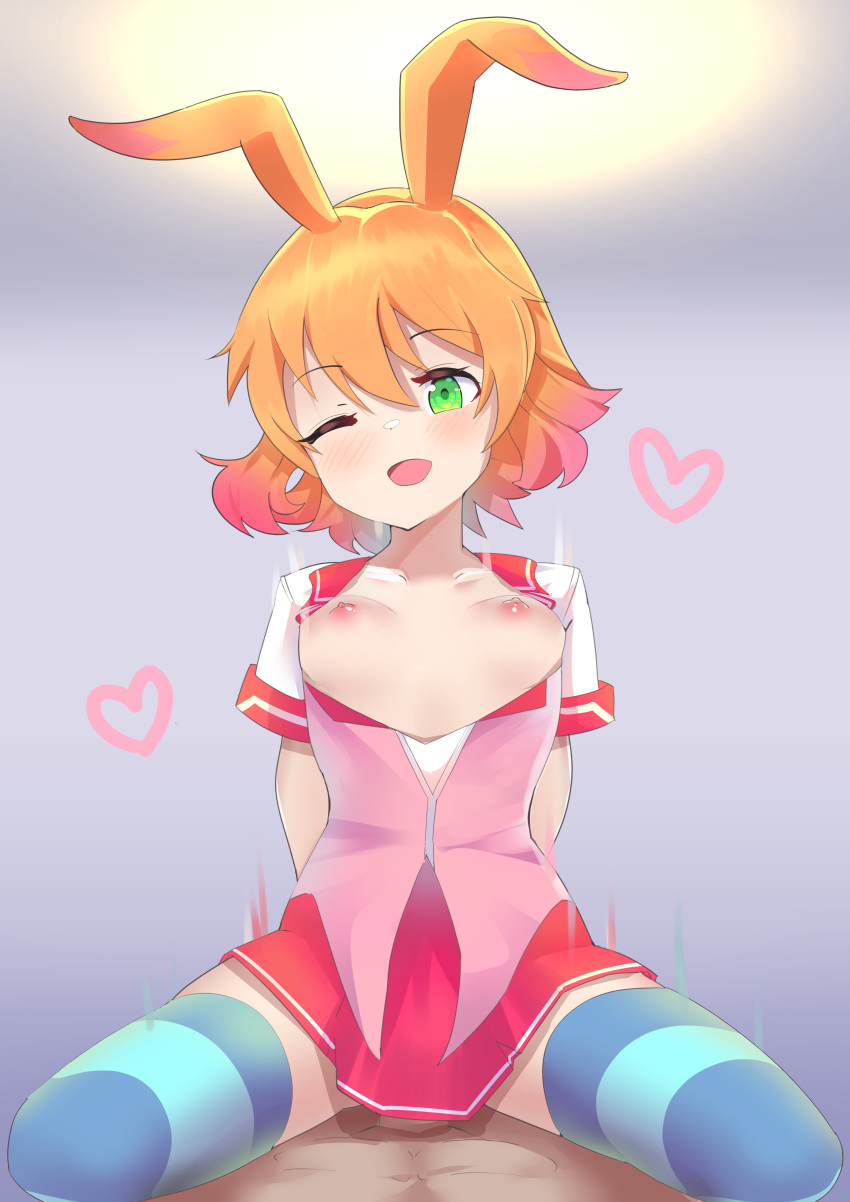 1girl absurdres animal_ears arms_behind_back blue_thighhighs blush bouncing_breasts breasts censored commission cowgirl_position gal_gun girl_on_top gradient gradient_background green_eyes grey_background heart highres huwahuwa_raidou nipples no_bra one_eye_closed open_mouth orange_hair rabbit_ears sakurazaki_academy_school_uniform school_uniform sex short_hair simple_background skeb_commission small_breasts straddling striped striped_thighhighs thighhighs uno_aoi vaginal