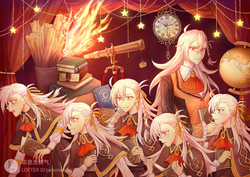 1girl :o ahoge ascot book book_stack brooch crying curtains english_commentary fate/grand_order fate_(series) fire globe gold_trim highres indoors jewelry lofter_username multiple_views olga_marie_animusphere orange_ribbon red_ascot ribbon star_(symbol) tanxi_mei_piqi telescope white_hair