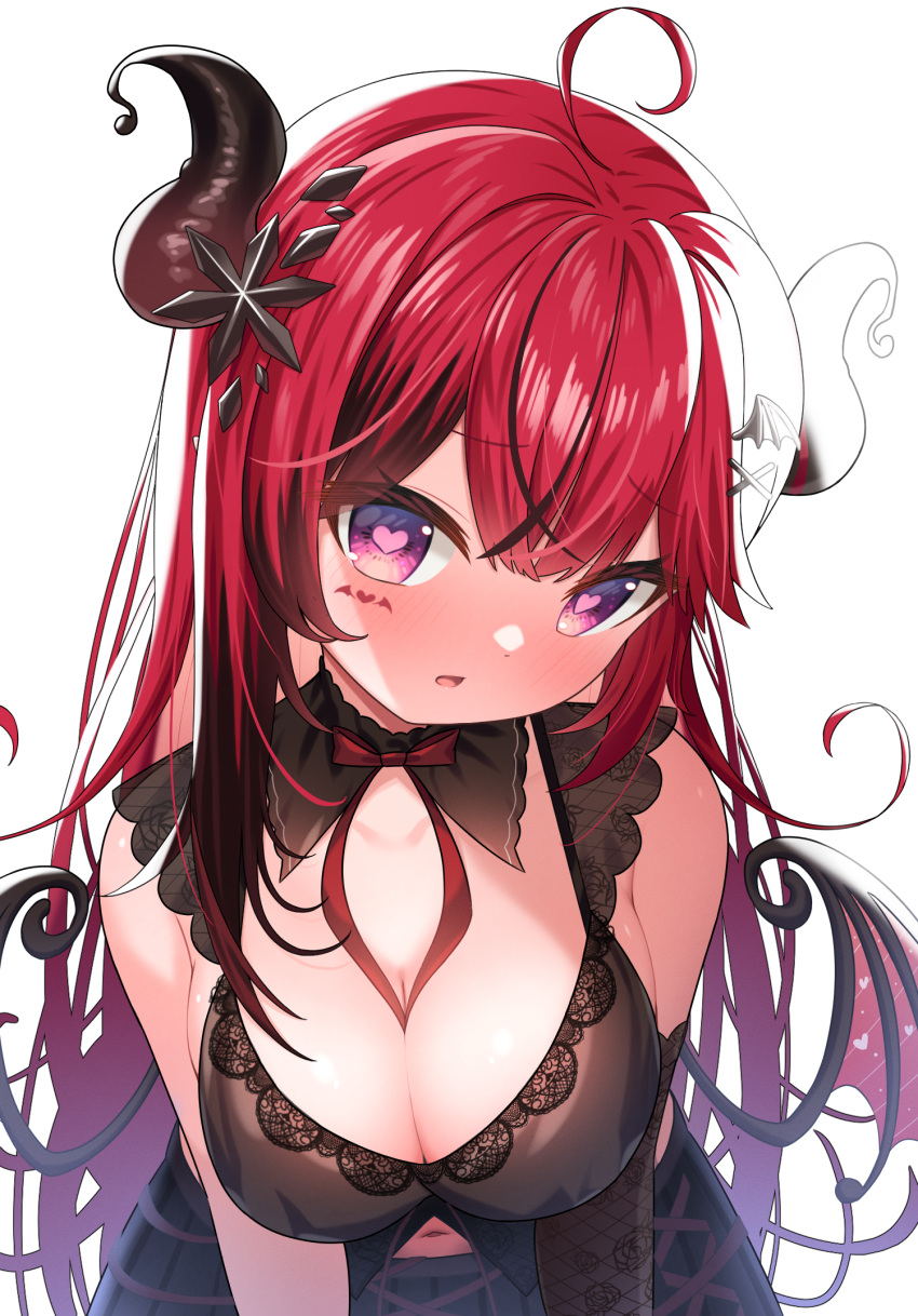 1girl :o ahoge bare_shoulders bettle_(b_s_a_n) between_breasts black_gloves black_skirt blush breasts cleavage cowboy_shot demon_girl demon_horns demon_wings elbow_gloves facepaint gloves hair_ornament heart heart-shaped_pupils highres horns large_breasts leaning_forward long_hair looking_at_viewer low_wings makoh_lisa navel neck_ribbon open_mouth purple_eyes re:act red_hair red_ribbon red_wings ribbon simple_background single_glove skirt snowflake_hair_ornament solo symbol-shaped_pupils very_long_hair virtual_youtuber white_background wings