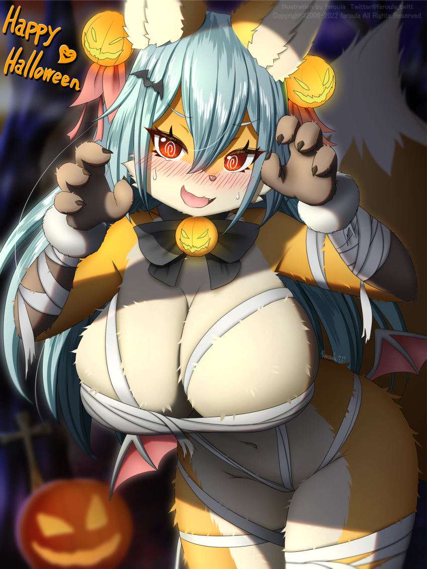 3:4 anthro big_breasts blush breasts canid canine clothed clothing faroula_twitt female female_anthro fingers food fox fruit fur hair halloween hi_res holidays kemono looking_at_viewer mammal plant pumpkin smile solo