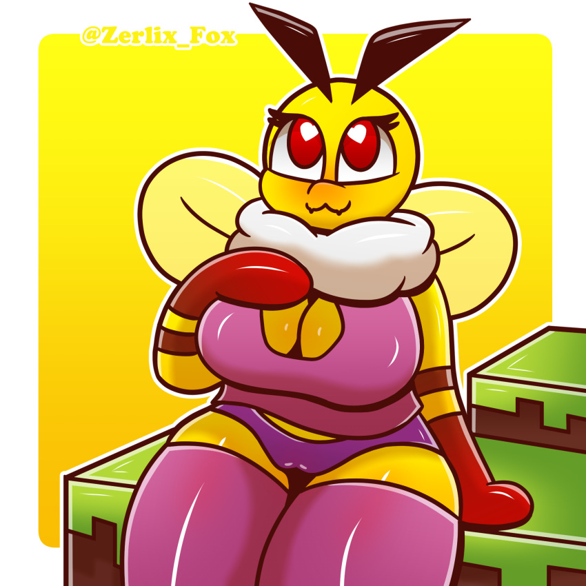 &lt;3 &lt;3_eyes 2022 2:3 2d_(artwork) :3 antennae_(anatomy) anthro arthropod bee bee_(minecraft) big_breasts biped border breasts butt clothing curvy_figure digital_media_(artwork) english_text eyelashes eyeliner featureless_crotch female footwear full-length_portrait hi_res honny_(zerlix_fox) hymenopteran insect latex legwear love makeup markings microsoft minecraft mojang narrowed_eyes portrait red_eyes seductive shaded short_stack signature simple_background smile socks solo text thigh_highs thin_eyebrows tuft video_games white_background wide_eyed wings xbox_game_studios yellow_body yellow_border zerlix_fox