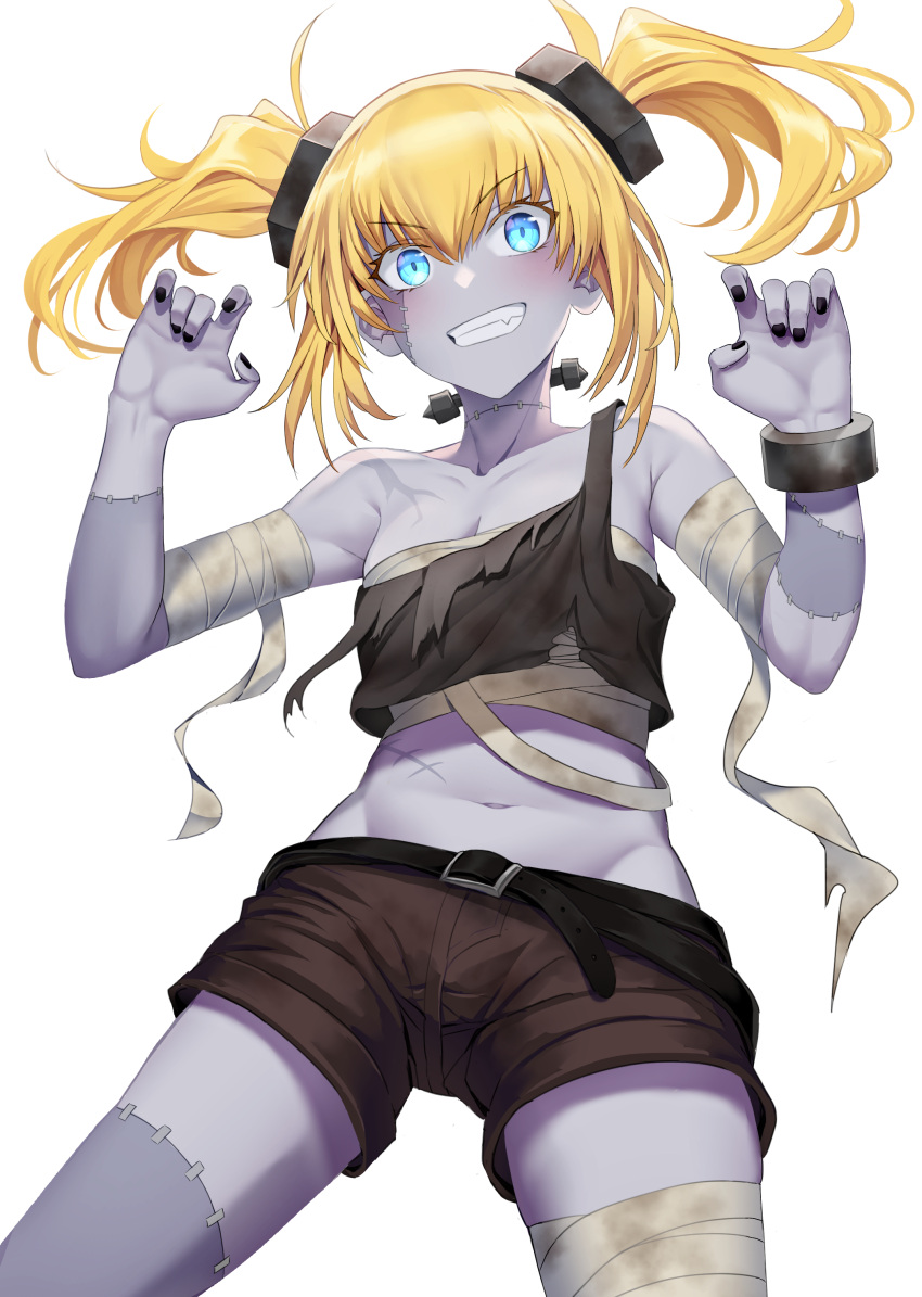 1girl :d absurdres bandaged_arm bandaged_leg bandages bangs black_nails blonde_hair blue_eyes bolt breasts brown_shorts cleavage colored_skin crop_top cuffs grey_skin grin halloween highres kengzeta looking_at_viewer nail_polish navel original parted_lips sarashi shackles short_hair short_shorts short_twintails shorts simple_background small_breasts smile solo stitched_arm stitched_neck stitches twintails v-shaped_eyebrows white_background