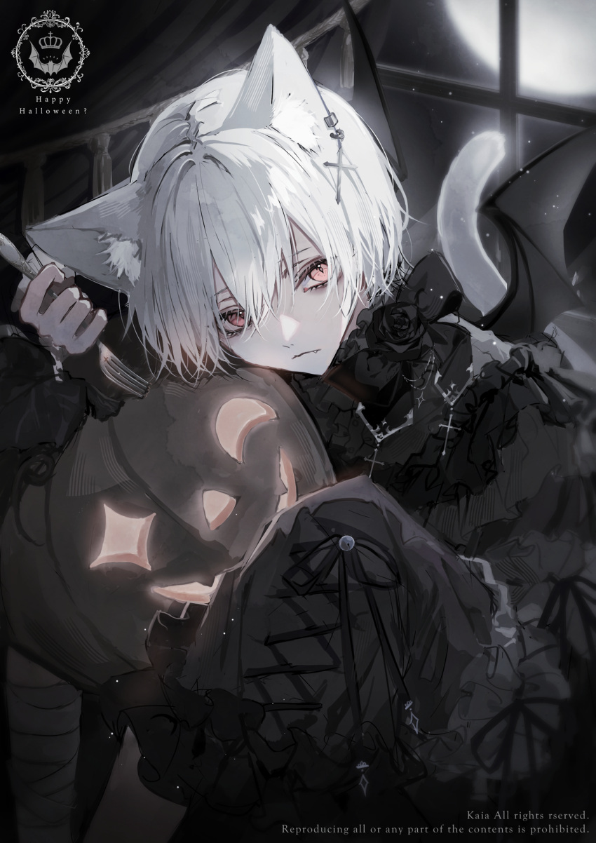 1boy 81kaia animal_ears bishounen black_shirt cat_boy cat_ears closed_mouth demon_wings fang fork gothic halloween happy_halloween highres jack-o'-lantern long_sleeves looking_at_viewer male_focus original pink_eyes shirt solo white_hair wings