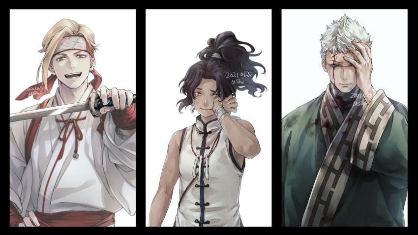 1girl 2boys bandages black_border black_hair black_skin blind blonde_hair blood blood_on_clothes blood_on_face bone_necklace border brown_eyes chinese_clothes colored_skin crying crying_with_eyes_open female_child flat_chest green_robe grey_shirt hakama hand_on_hip hand_on_own_face headband high_ponytail highres holding holding_sword holding_weapon japanese_clothes jewelry jigokuraku katana looking_at_viewer medium_hair multiple_boys necklace nurugai open_mouth red_headband robe rubbing_eyes scar scar_across_eye shirt short_hair simple_background single_sidelock sleeveless smile spiked_hair sword tears ushi_424 weapon white_background white_eyes white_hair white_robe wristband yamada_asaemon_shion yamada_asaemon_tensa