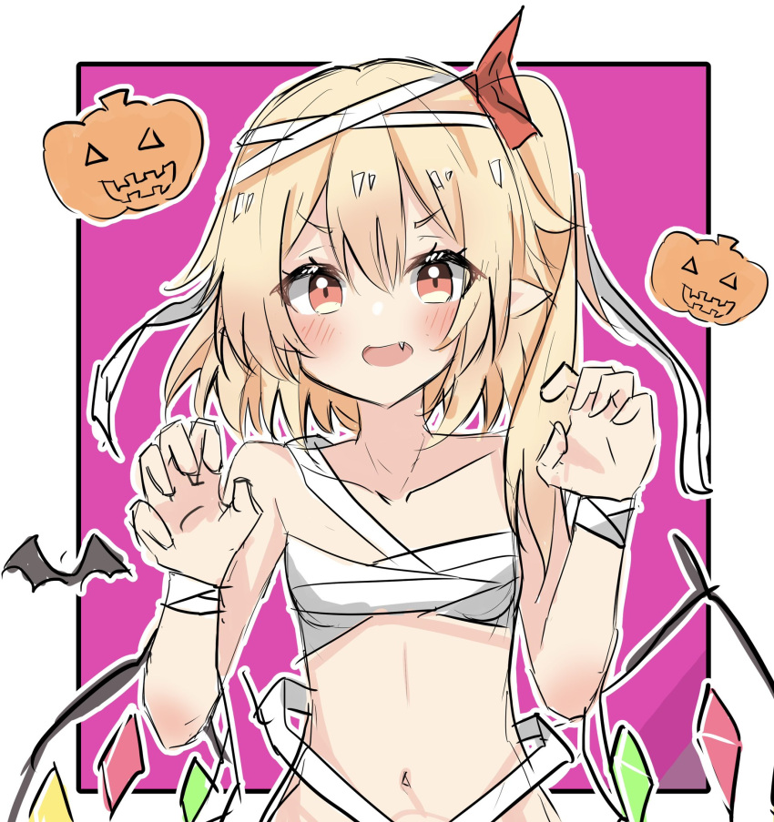 1girl bandaged_arm bandaged_head bandages bat_(animal) blush border breasts claw_pose collar commentary_request fang flandre_scarlet halloween_costume highres jack-o'-lantern medium_hair mummy mummy_costume naked_bandage navel nono54558 open_mouth pink_background pointy_ears red_eyes side_ponytail simple_background sketch small_breasts solo touhou upper_body white_border