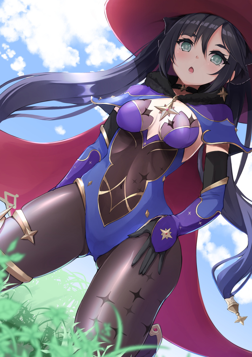 1girl :o ass_visible_through_thighs black_choker black_gloves black_hair blue_leotard blue_sky bodystocking breasts brooch brown_pantyhose cape choker cloud commentary day detached_sleeves elbow_gloves fur_collar genshin_impact gloves gold_trim grass green_eyes hat highres jewelry kneeling kuro_(be_ok) leotard long_hair medium_breasts mona_(genshin_impact) open_mouth outdoors pantyhose sidelocks sky solo sparkle_print thighlet thighs twintails very_long_hair witch_hat