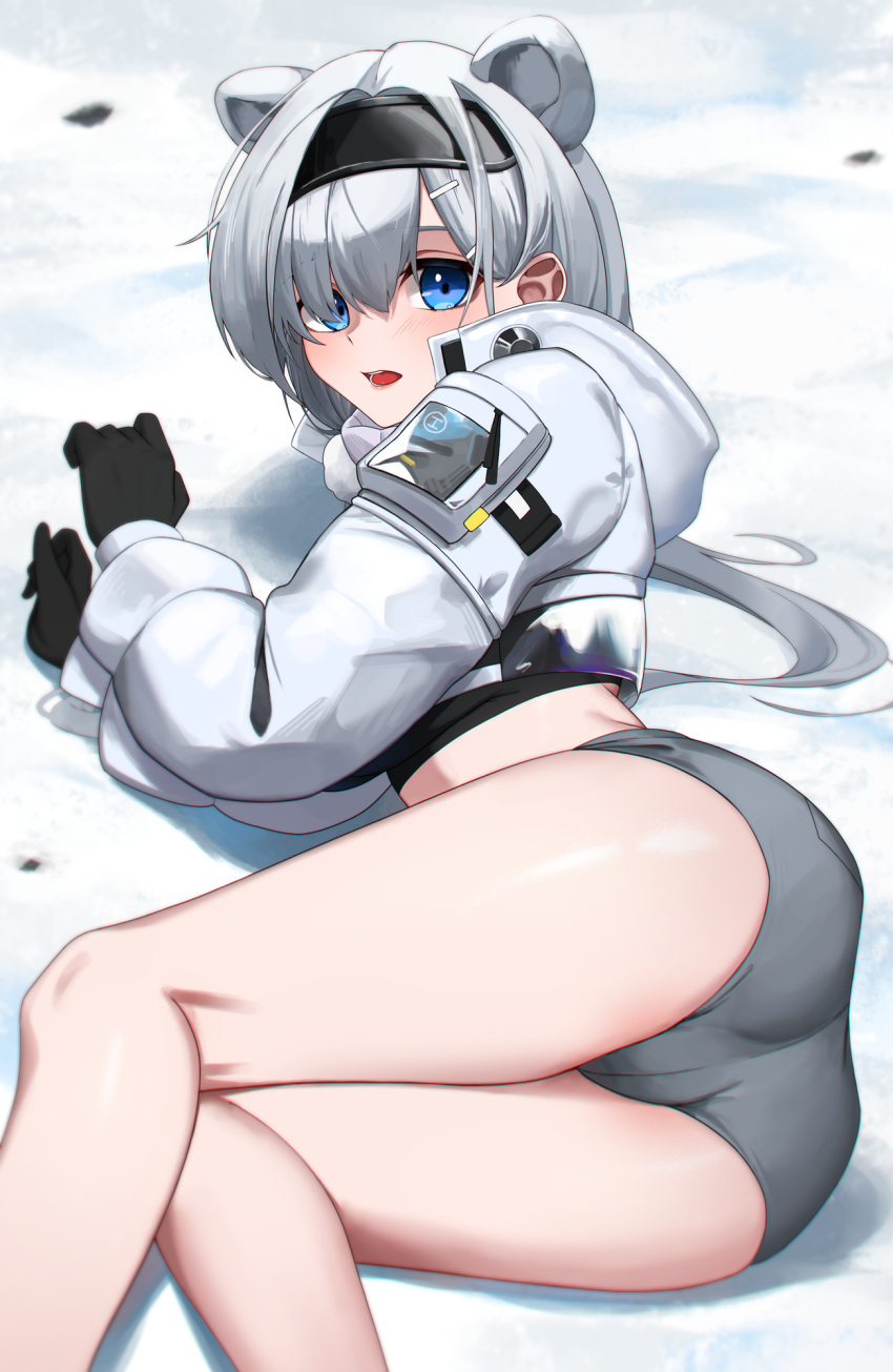 1girl animal_ears arknights ass aurora_(arknights) bear_ears bear_girl black_gloves black_hairband black_shirt blue_eyes blush cropped_jacket cropped_shirt extra_ears feet_out_of_frame gloves grey_hair grey_panties hair_ornament hairband hairclip highres jacket kasasasagi long_hair long_sleeves lying on_side open_mouth panties shirt solo thighs underwear white_jacket