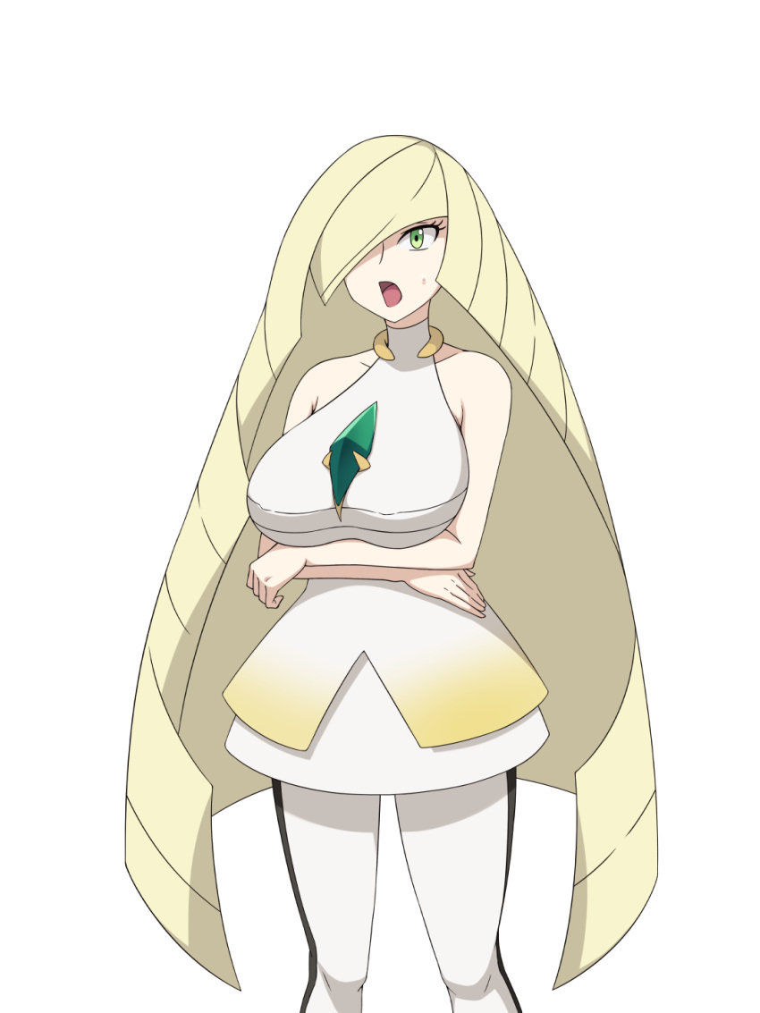 1girl blonde_hair diamond_(shape) dress gem green_eyes green_gemstone hair_over_one_eye highres kakikorori leggings long_hair lusamine_(pokemon) pokemon pokemon_(game) pokemon_sm short_dress simple_background sleeveless sleeveless_dress solo very_long_hair white_background white_dress