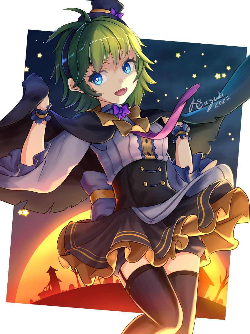 1girl :d absurdres alternate_costume artist_name black_cape black_hairband black_headwear black_thighhighs blue_eyes bow cape cowboy_shot fangs fire_emblem fire_emblem:_the_blazing_blade glowing glowing_eyes green_hair hairband halloween halloween_costume hat highres long_sleeves looking_at_viewer mini_hat nino_(fire_emblem) purple_bow ryo-suzuki short_hair signature smile solo thighhighs torn_cape torn_clothes witch wrist_cuffs