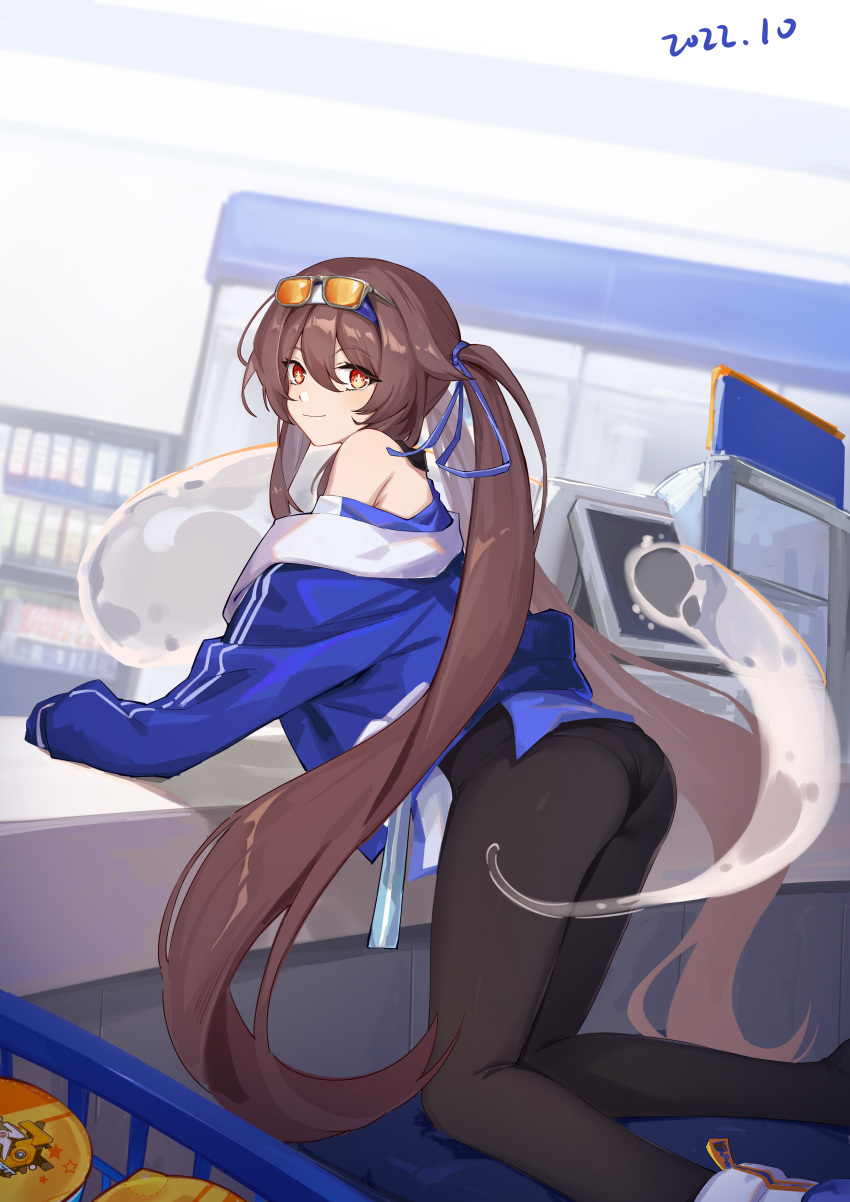 1girl absurdres ass bare_shoulders black_pantyhose blue_jacket brown_hair cash_register ejieaa eyewear_on_head genshin_impact ghost highres hu_tao_(genshin_impact) jacket kneeling long_hair looking_at_viewer off_shoulder official_alternate_costume pantyhose pantylines red_eyes smile symbol-shaped_pupils twintails very_long_hair