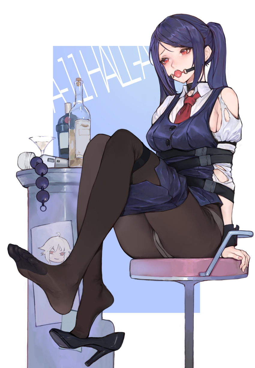 1girl absurdres anal_beads ball_gag bartender black_hair bottle clothes_pull cocktail_glass collared_shirt cup drinking_glass feet full_body gag high_heels highres hitachi_magic_wand iuui jill_stingray legs necktie no_shoes panties panties_under_pantyhose pantyhose pencil_skirt restrained sex_toy shirt shoe_dangle sitting skirt skirt_pull soles toes torn_clothes twintails underwear va-11_hall-a vest vibrator white_shirt wrist_cuffs