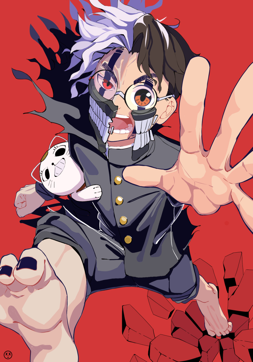 1boy 1girl bangs barefoot black_jacket brown_hair cat dandadan debris dual_persona ekkusu_(mrxx0329) facial_mark gakuran glasses highres jacket looking_at_viewer lying mask medium_hair mouth_mask nail_polish on_side open_mouth popped_collar reaching_out red_background round_eyewear school_uniform screaming short_hair simple_background smile spiked_hair takakura_ken_(dandadan) toenail_polish toenails torn_clothes transformation turbo_granny white_hair