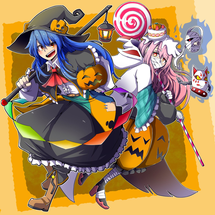 2girls :d ascot bandaged_head bandages black_capelet black_headwear black_skirt blue_hair brown_footwear bubble_skirt cake candy capelet food fox_mask full_body halloween_costume hata_no_kokoro highres hinanawi_tenshi holding holding_candy holding_food holding_lollipop hurin_raika lantern lollipop long_hair long_sleeves looking_at_viewer mask multiple_girls open_mouth plaid rainbow_order red_ascot red_eyes shirt skirt smile touhou v-shaped_eyebrows white_shirt