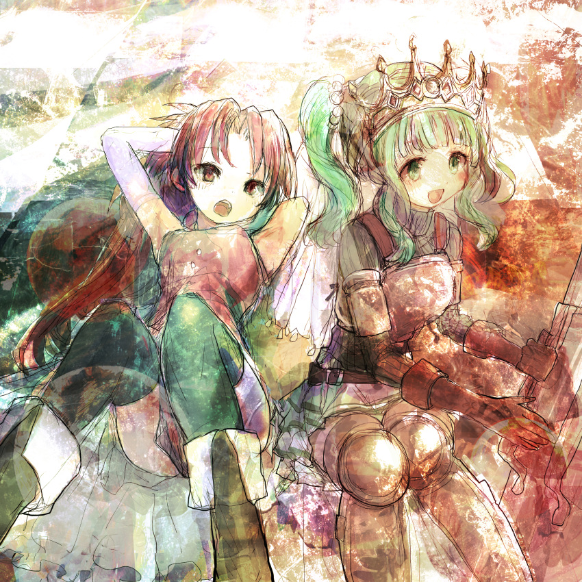2girls 86thunder :d :o armor armored_boots arms_behind_back bangs belt black_thighhighs blunt_bangs blush boots breastplate brown_belt brown_gloves crown detached_sleeves dress fold-over_boots fold-over_gloves frilled_skirt frills futaba_sana gloves green_eyes green_hair highres holding holding_shield jewelry knee_pads long_hair lying magia_record:_mahou_shoujo_madoka_magica_gaiden magical_girl mahou_shoujo_madoka_magica multiple_girls necklace on_back open_mouth parted_bangs ponytail red_dress red_eyes red_hair ribbed_sweater sakura_kyouko shield sitting skirt smile sweater texture thigh_boots thighhighs thighhighs_under_boots turtleneck turtleneck_sweater twintails veil very_long_hair wavy_hair white_skirt white_sleeves