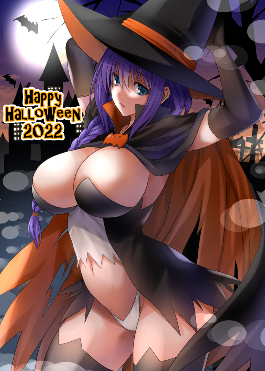 1girl bat_(animal) black_gloves blue_eyes blue_hair braid breasts cape cleavage elbow_gloves english_text full_moon gloves halloween highres kanon large_breasts long_hair minase_akiko mitarashi_kousei moon navel night panties ponytail sky solo thighhighs underwear white_panties witch