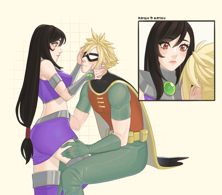 1boy 1girl absurdres bare_shoulders black_hair blonde_hair blush breasts cape cloud_strife cosplay couple dc_comics eye_mask final_fantasy final_fantasy_vii final_fantasy_vii_remake gloves halloween_costume hands_on_another's_face hands_on_another's_thighs highres katsuartsu long_hair looking_at_another low-tied_long_hair purple_skirt red_eyes red_lips robin_(dc) robin_(dc)_(cosplay) sitting skirt spiked_hair starfire starfire_(cosplay) teen_titans tifa_lockhart very_long_hair