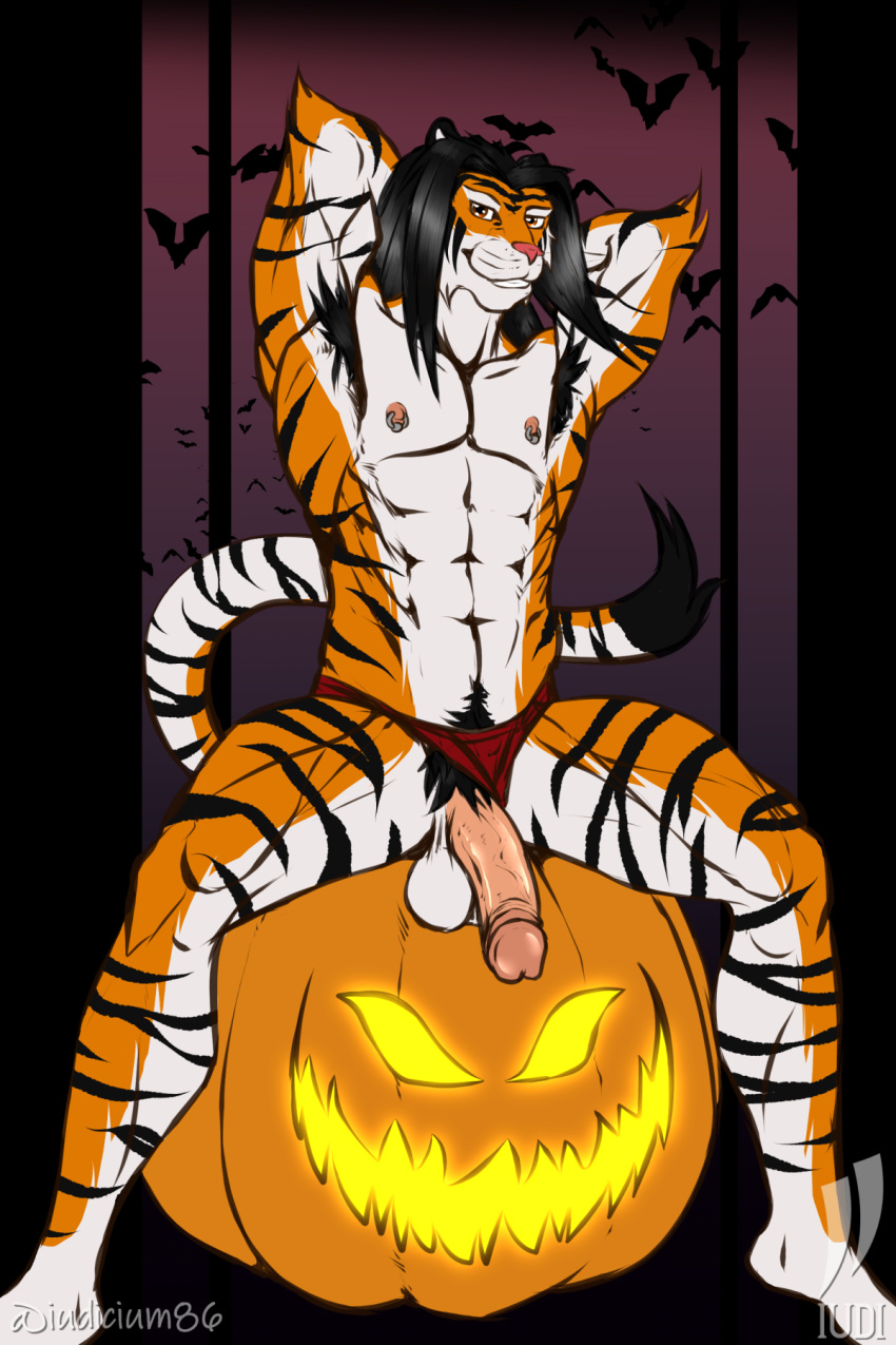 abs anthro armpit_hair body_hair clothing clothing_aside felid foreskin genitals hi_res iudi_(iudicium86) iudicium86 jack-o'-lantern male mammal muscular nipple_piercing nipples pantherine penis piercing retracted_foreskin solo tiger underwear underwear_aside