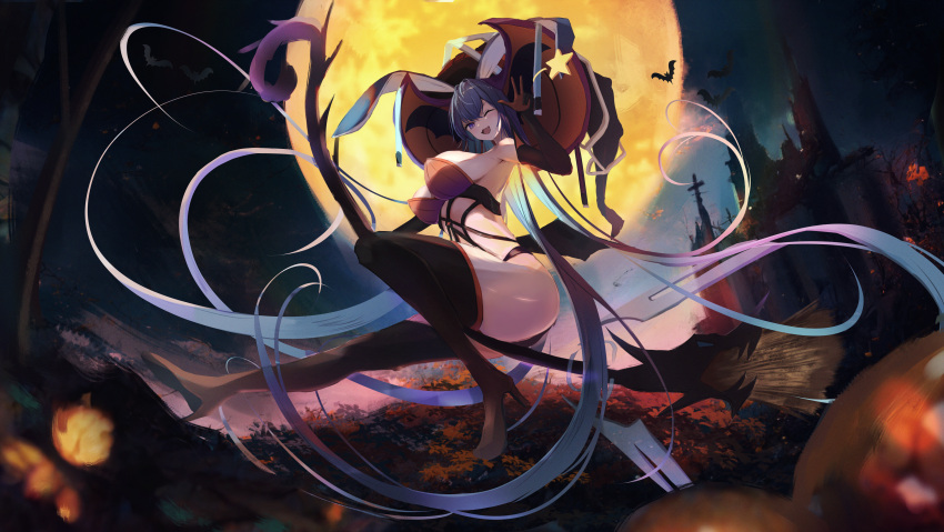 1girl absurdly_long_hair absurdres alternate_costume animal_ears azur_lane bat_(animal) blue_eyes blue_hair breasts broom broom_riding brown_thighhighs detached_sleeves fake_animal_ears from_below full_body full_moon hat highres huge_breasts long_hair looking_down moon new_jersey_(azur_lane) one_eye_closed open_mouth outdoors rabbit_ears revealing_clothes solo sore_watasino thighhighs very_long_hair witch witch_hat