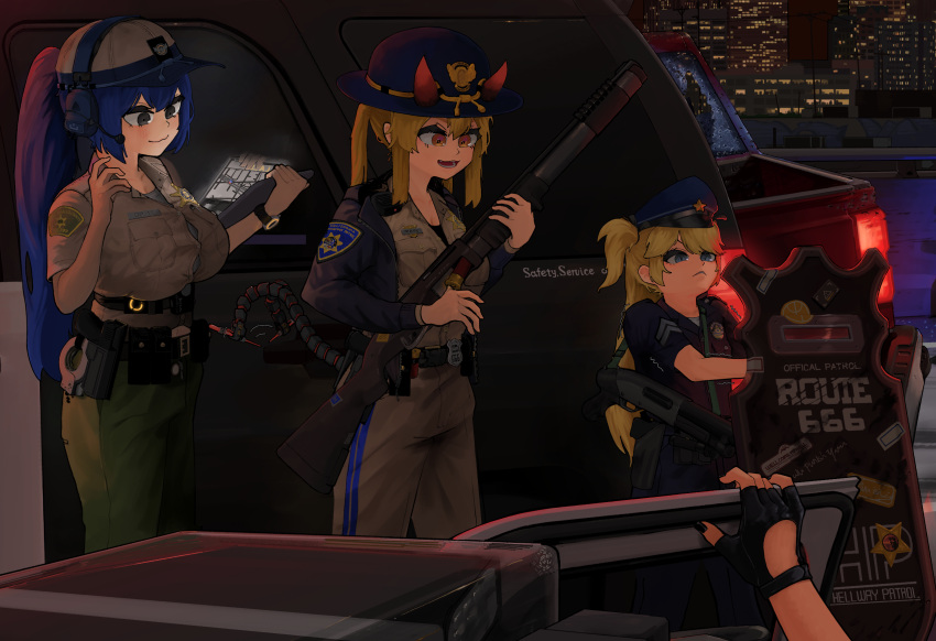 4girls america baseball_cap black_gloves blue_jacket brown_shirt building california_highway_patrol car chevrolet chevrolet_tahoe commentary_request dongdong_(0206qwerty) dp-12_(girls'_frontline) fingerless_gloves girls'_frontline gloves green_pants grey_pants grey_shirt ground_vehicle gun hat headphones highres holding holding_gun holding_tablet_pc holding_weapon jacket long_sleeves m870_(girls'_frontline) motor_vehicle multiple_girls night night_sky open_clothes open_jacket outdoors pants patch peaked_cap pickup_truck police police_badge police_car police_hat police_uniform policewoman reflection riot_shield road shield shirt short_sleeves shotgun sky skyscraper sports_utility_vehicle super-shorty_(girls'_frontline) tablet_pc truck uniform weapon