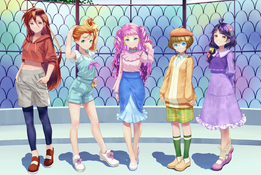 5girls ahoge alternate_hairstyle arms_behind_back arms_behind_head arms_up bangs bare_legs beret blue_eyes blue_pants blue_shorts blue_skirt bow brown_hair casual closed_mouth collarbone collared_shirt commentary contrapposto dress earrings frilled_dress frilled_socks frills full_body glasses green_eyes green_shorts green_socks grey_shorts grin hair_between_eyes hair_bow hair_ornament hairclip hand_in_own_hair hands_in_pockets hat high-waist_shorts high-waist_skirt high_ponytail highres hood hood_down hooded_sweater ichinose_minori jacket jewelry laura_la_mer light_frown long_hair long_sleeves looking_at_viewer medium_dress medium_skirt midriff multiple_girls natsuumi_manatsu necklace orange_footwear orange_headwear orange_jacket overall_shorts overalls pants pants_under_shorts pink_footwear pink_hair pink_shirt plaid plaid_shorts precure purple_dress purple_eyes purple_hair red_bow red_footwear red_hair red_sweater round_eyewear sailor_collar sailor_dress shadow shell shell_earrings shell_necklace shirt shoes short_hair short_shorts short_sleeves shorts side-by-side side_ponytail single_horizontal_stripe skirt smile socks standing stomach suzumura_sango sweater t-shirt takizawa_asuka tropical-rouge!_precure twintails very_long_hair white_footwear white_sailor_collar white_shirt yellow_bow yellow_eyes yellow_socks yoko-ya_manjirou