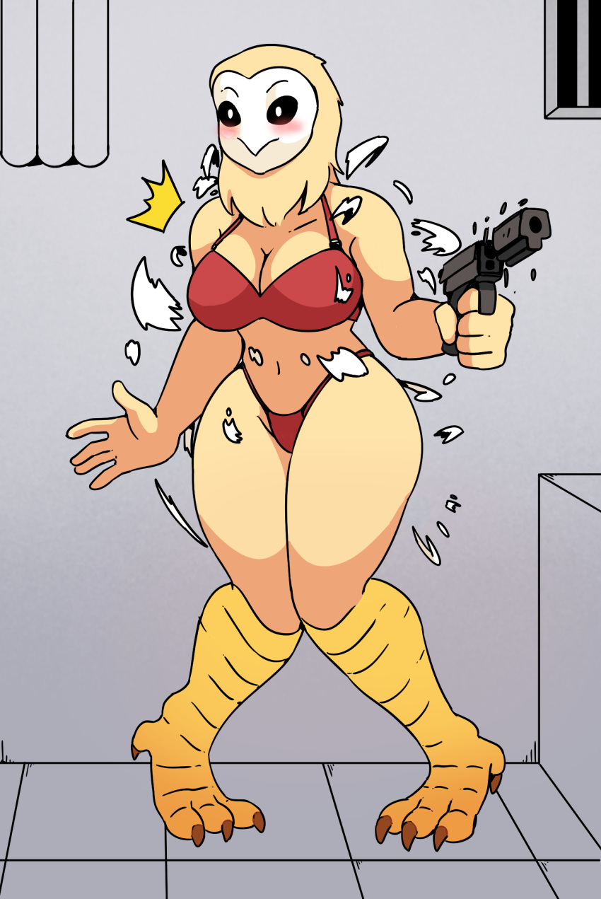 4chan anthro avian beak bird bird_legs black_sclera blush bra brown_body brown_fur clothing embarrassed female fur gun hairocroto hi_res humanoid owl panties ranged_weapon red_clothing red_underwear save_the_princess solo surprise thick_thighs torn_clothing underwear weapon