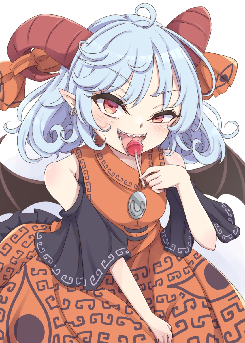 1girl bat_wings blue_hair candy dress earrings food halloween highres horns jewelry lollipop neko_mata open_mouth orange_dress orange_skirt pointy_ears sharp_teeth skirt solo teeth tongue tongue_out touhou toutetsu_yuuma wings