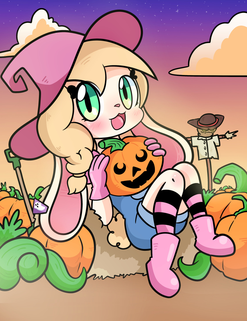 absurd_res anthro blonde_hair boots braided_hair clothing ear_piercing ear_ring female flushed footwear gloves green_eyes hair halloween halloween_costume handwear hi_res holidays jack-o'-lantern lagomorph legwear leporid long_ears mammal mellea_(melleacomic) night open_mouth overalls piercing pink_boots pink_clothing pink_footwear pink_gloves pink_handwear pink_stockings rabbit ring_piercing scarecrow scut_tail short_hair short_tail sky smile solo stockings