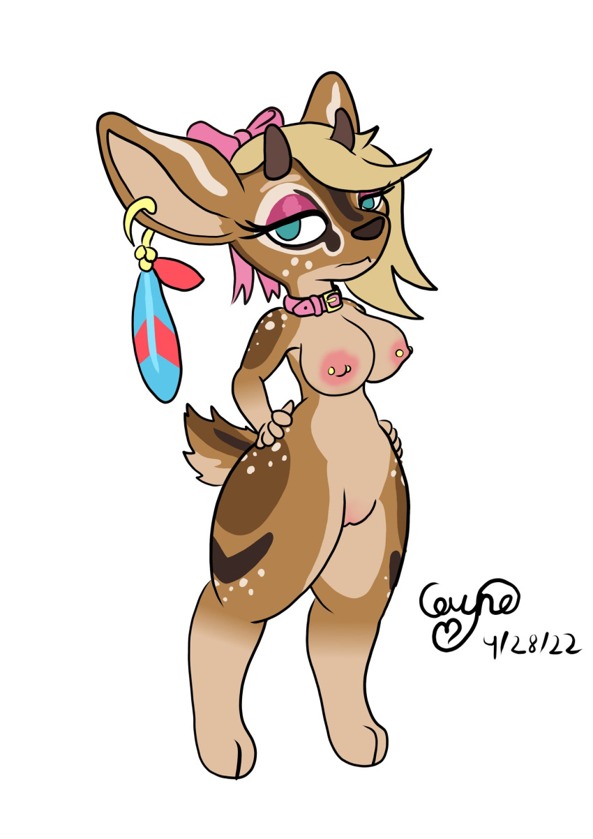 accessory antelope anthro blonde_hair bovid bow_ribbon brown_body brown_fur cervid ceryne_(artist) collar dik-dik female fur genitals hair hair_accessory hair_bow hair_ribbon hi_res hooves mammal nipple_piercing nipples piercing pint_(ceryne) pussy ribbons short_stack solo true_antelope