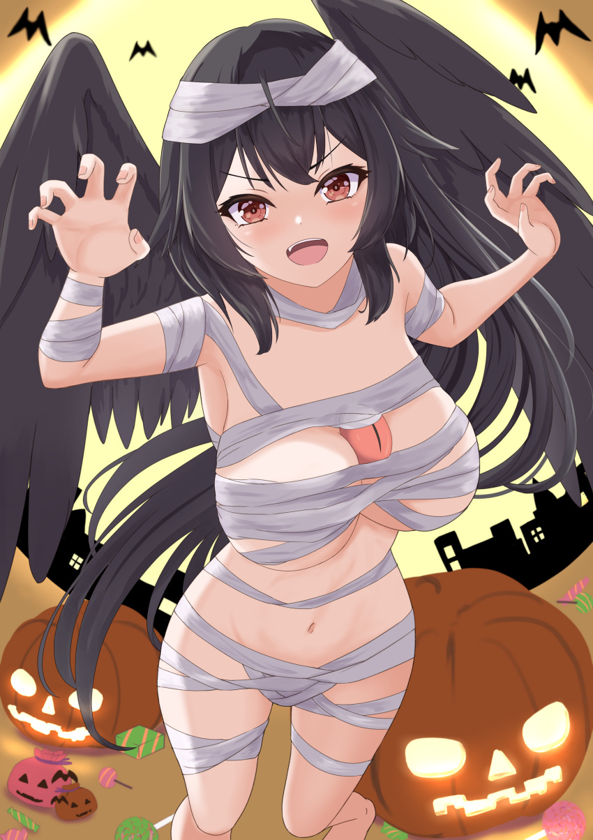 1girl absurdres bandages bat_(animal) bird_wings black_hair black_wings breasts candy feet_out_of_frame food halloween highres jack-o'-lantern large_breasts lollipop long_hair looking_at_viewer mummy mummy_costume naked_bandage navel o1118 open_mouth red_eyes reiuji_utsuho solo standing third_eye touhou wings