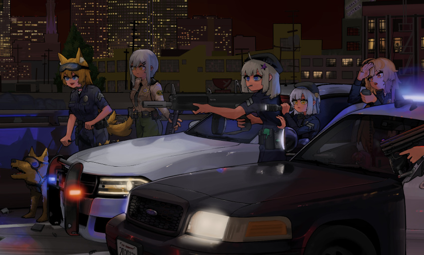 6+girls aa-12_(girls'_frontline) america animal_ears belt beret black_footwear blonde_hair blue_coat blue_pants blue_shirt brown_shirt building car coat commentary_request defender_(girls'_frontline) dodge dodge_charger dog dongdong_(0206qwerty) ford ford_crown_victoria girls'_frontline goggles goggles_on_head green_pants grey_hair ground_vehicle gun hair_ornament handgun hat headlight highres holding holding_gun holding_weapon k9 long_hair long_sleeves los_angeles_county_sheriff's_department los_angeles_police_department m37_(girls'_frontline) m500_(girls'_frontline) m590_(girls'_frontline) motor_vehicle multiple_girls necktie night outdoors pants police police_badge police_car police_uniform policewoman road shirt shoes short_hair short_sleeves shotgun six12_(girls'_frontline) skyscraper star_(symbol) star_hair_ornament tank_top uniform utility_belt weapon white_hair white_tank_top