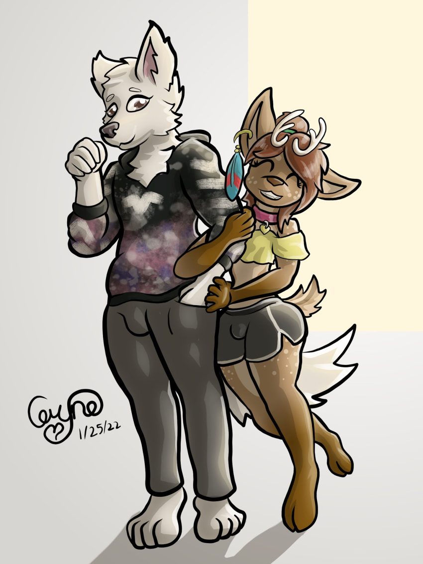 &lt;3 anthro antlers bottomwear canid canine canis cervid ceryne ceryne_(artist) clothed clothing collar crop_top duo ear_piercing embrace girly hi_res hooves horn hotpants hug male male/male mammal maziik paws piercing shirt shorts sweatpants topwear wolf