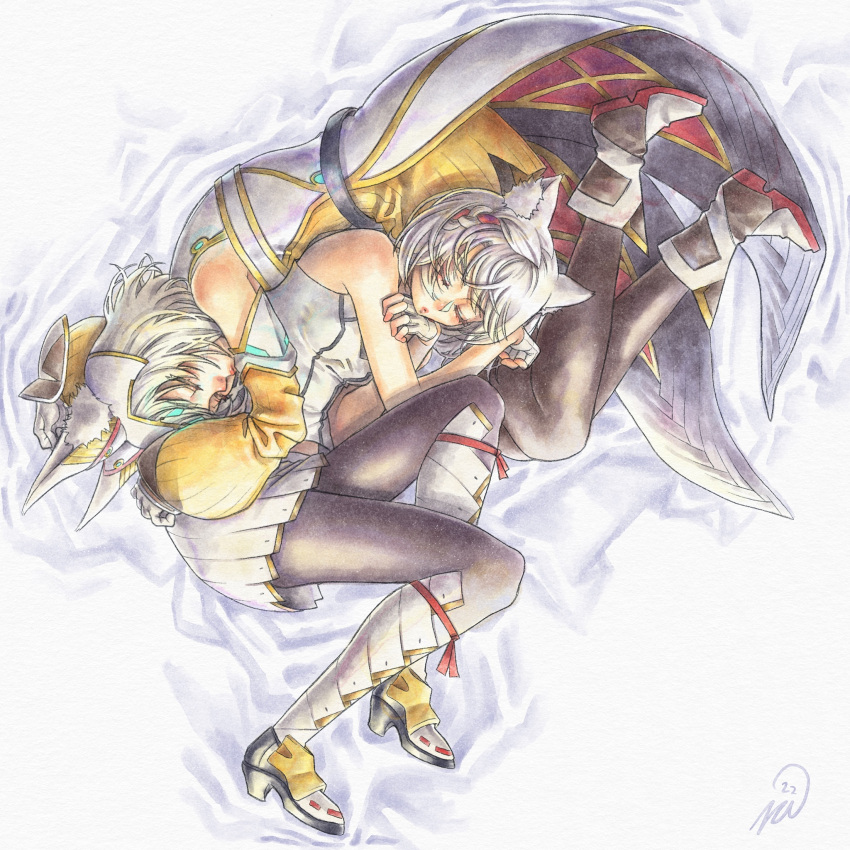 2girls animal_ears boots cat_ears closed_eyes dress fetal_position grey_hair high_heels highres mio_(xenoblade) multiple_girls nia_(xenoblade) pantyhose short_hair skirt sleeping sleeping_on_person vvbert xenoblade_chronicles_(series) xenoblade_chronicles_2 xenoblade_chronicles_3