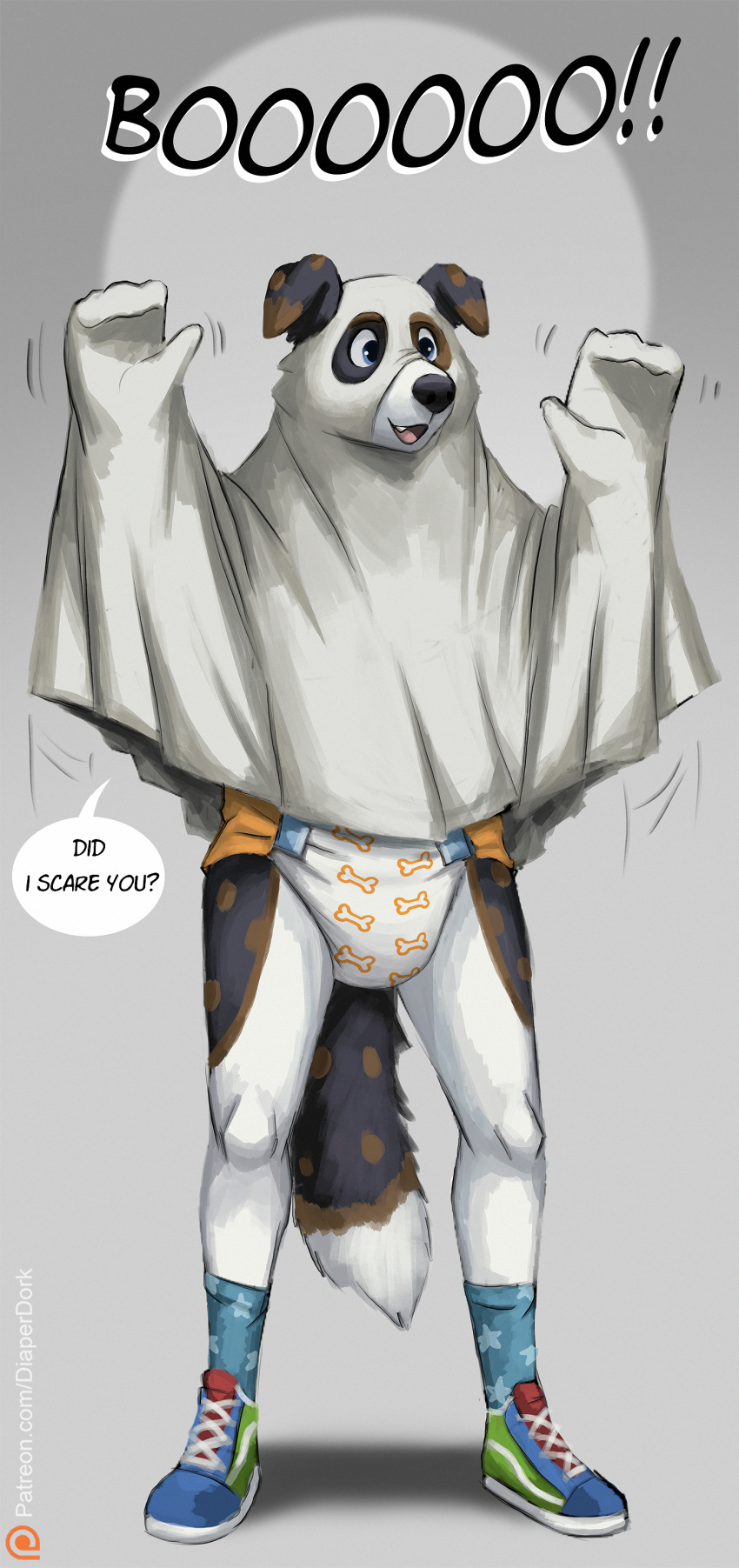 absurd_res accidental_exposure anthro border_collie bottomless canid canine canis clothed clothing collie costume diaper diaperdork digital_media_(artwork) domestic_dog english_text fur halloween herding_dog hi_res holidays infantilism male mammal pastoral_dog sheepdog simple_background solo text