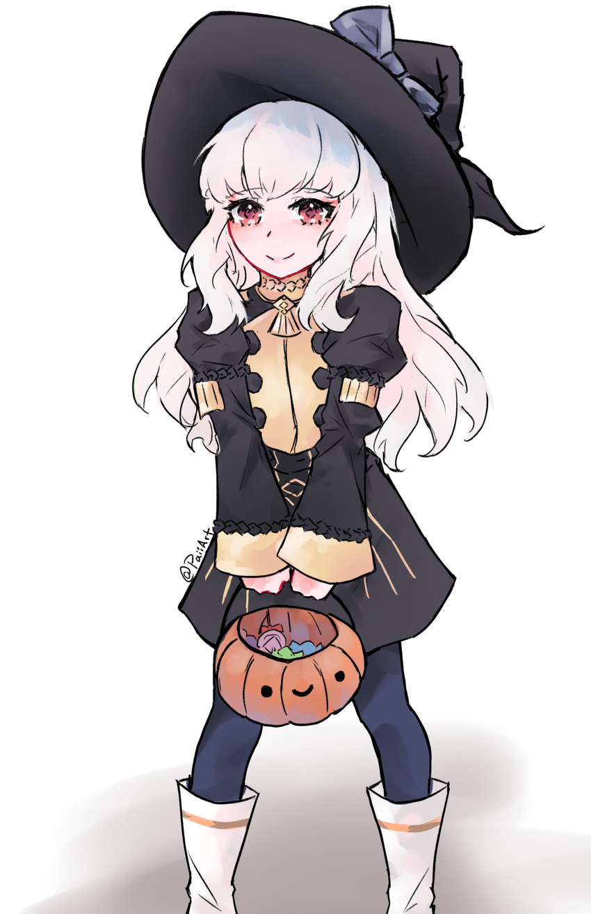 1girl absurdres bangs bucket candy fire_emblem fire_emblem:_three_houses food garreg_mach_monastery_uniform halloween halloween_bucket halloween_costume hat hat_ribbon highres holding holding_bucket leggings long_hair lysithea_von_ordelia paiiart red_eyes ribbon sidelocks smile solo white_footwear white_hair witch witch_hat