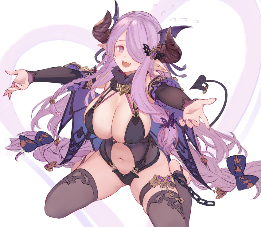 1girl :d black_thighhighs breasts cleavage commentary demon_tail detached_sleeves draph fang fingernails granblue_fantasy hair_over_one_eye hair_spread_out halloween_costume highres horns large_breasts long_fingernails long_hair looking_at_viewer narmaya_(granblue_fantasy) navel open_mouth purple_eyes purple_hair purple_nails simple_background sitting smile solo tail thigh_strap thighhighs u_jie very_long_hair wariza white_background