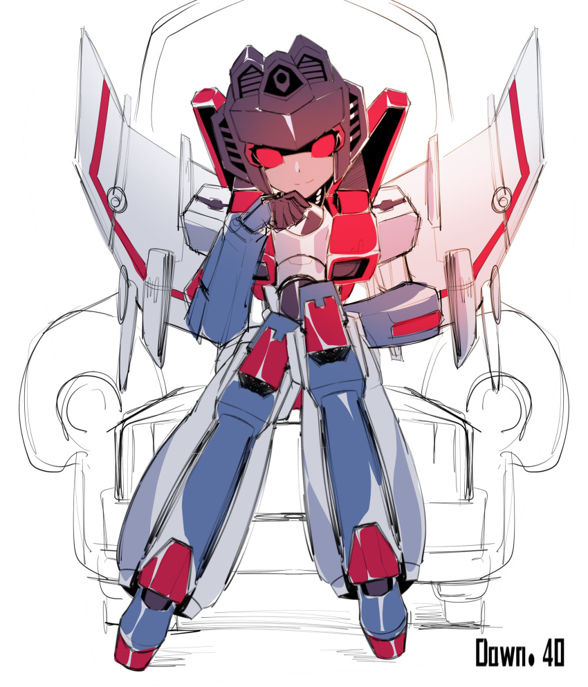 1boy absurdres azuredawn40 bishounen chair decepticon glowing glowing_eyes highres looking_at_viewer male_focus mecha no_humans red_eyes robot science_fiction sitting smile solo starscream throne transformers