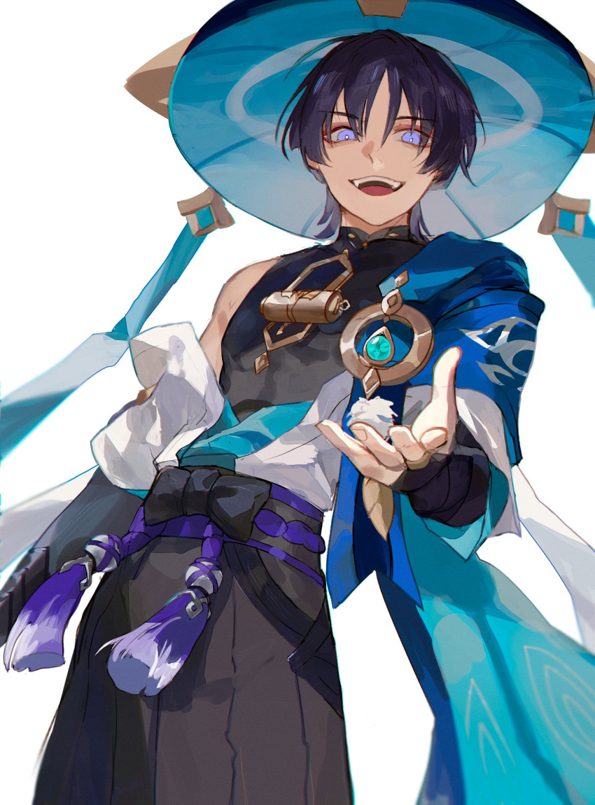 1boy black_bow bow genshin_impact hat highres mandarin_collar open_mouth purple_eyes scaramouche_(genshin_impact) scaramouche_(wanderer)_(genshin_impact) simple_background solo srro_yo standing teeth upper_teeth white_background